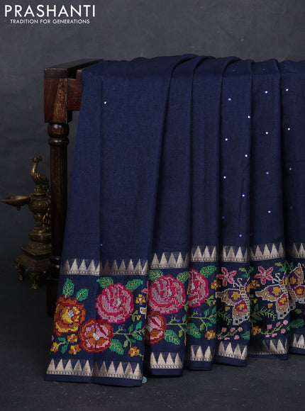 Peacock Blue Semi Tussar Saree - Embroidery