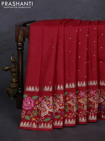Red Semi Tussar Saree - Embroidery