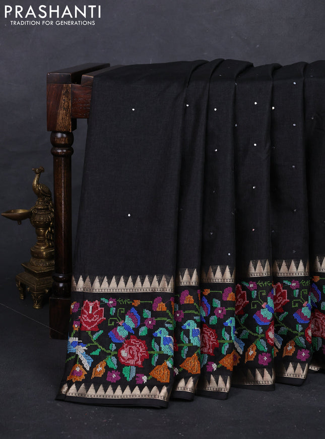 Black Semi Tussar Saree - Embroidery