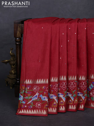 Red Semi Tussar Saree - Embroidery