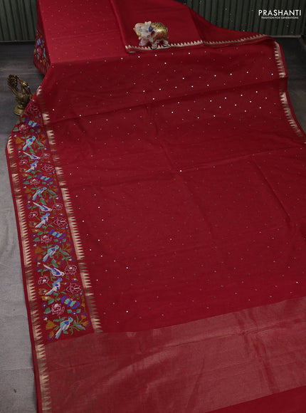 Red Semi Tussar Saree - Embroidery