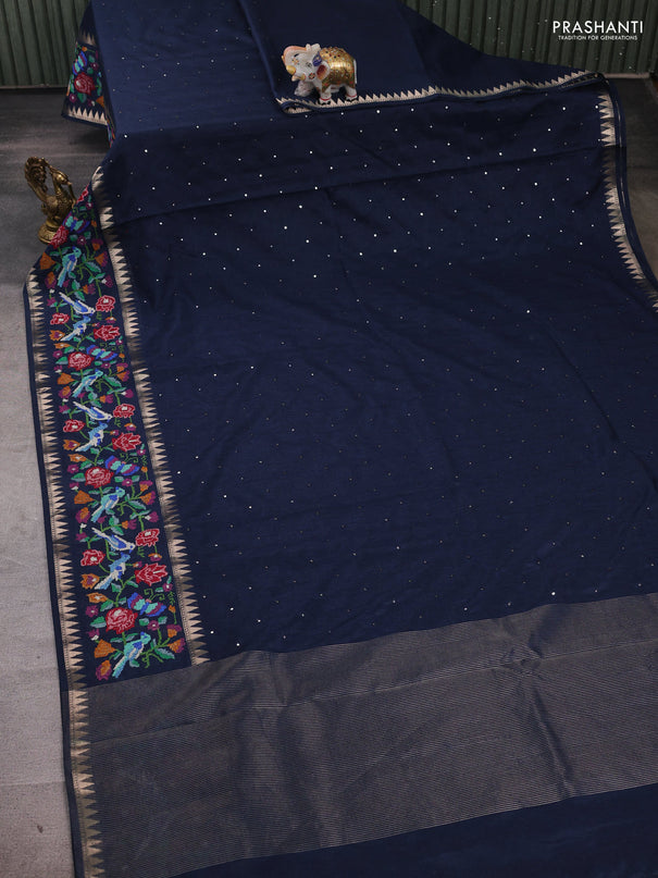 Peacock Blue Semi Tussar Saree - Embroidery