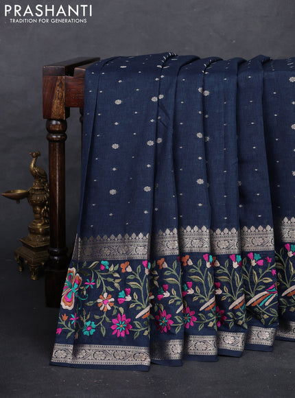 Peacock Blue Semi Tussar Saree - Embroidery