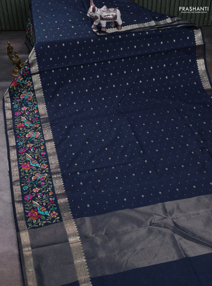 Peacock Blue Semi Tussar Saree - Embroidery