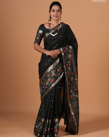 Black Semi Tussar Saree - Embroidery