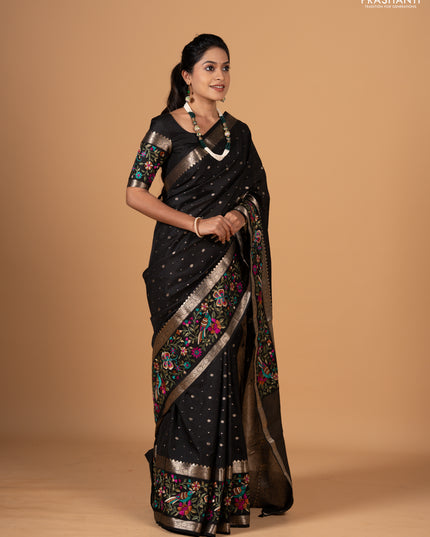 Black Semi Tussar Saree - Embroidery