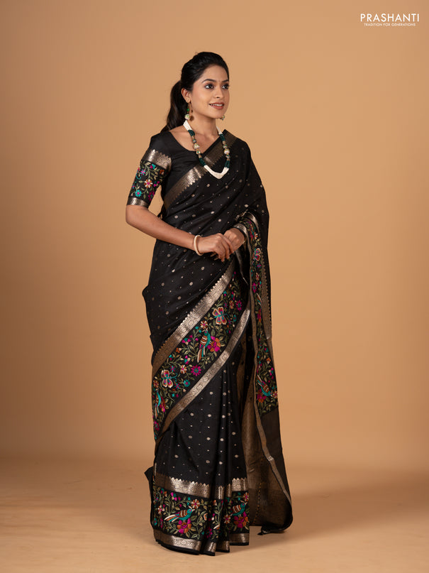 Black Semi Tussar Saree - Embroidery