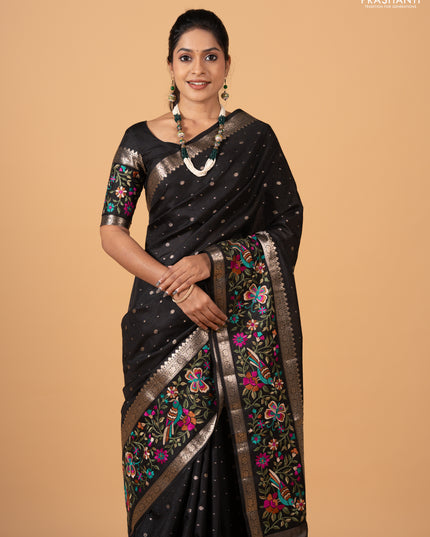 Black Semi Tussar Saree - Embroidery