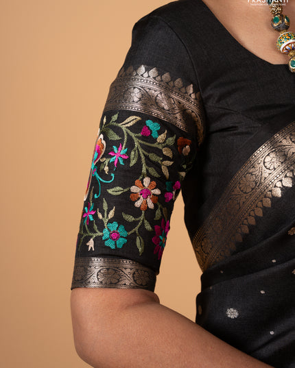 Black Semi Tussar Saree - Embroidery