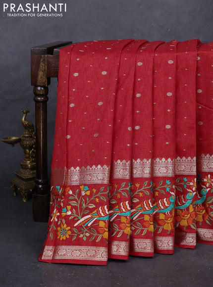 Red Semi Tussar Saree - Embroidery