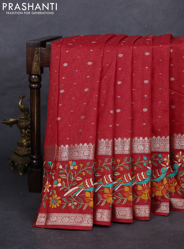 Red Semi Tussar Saree - Embroidery