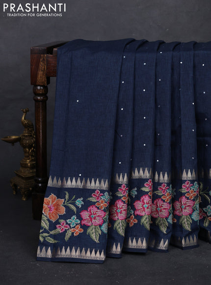 Peacock Blue Semi Tussar Saree - Embroidery
