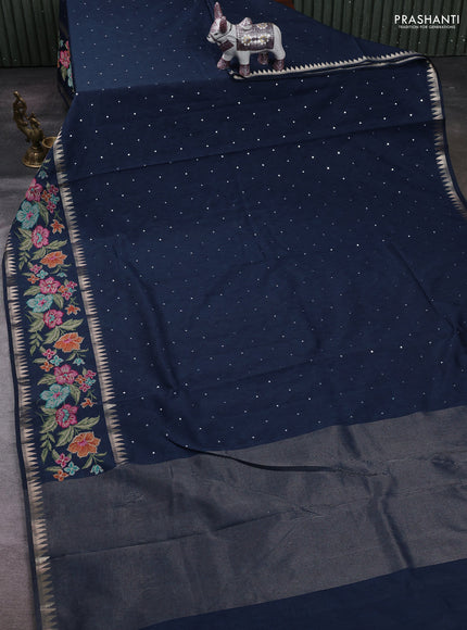 Peacock Blue Semi Tussar Saree - Embroidery