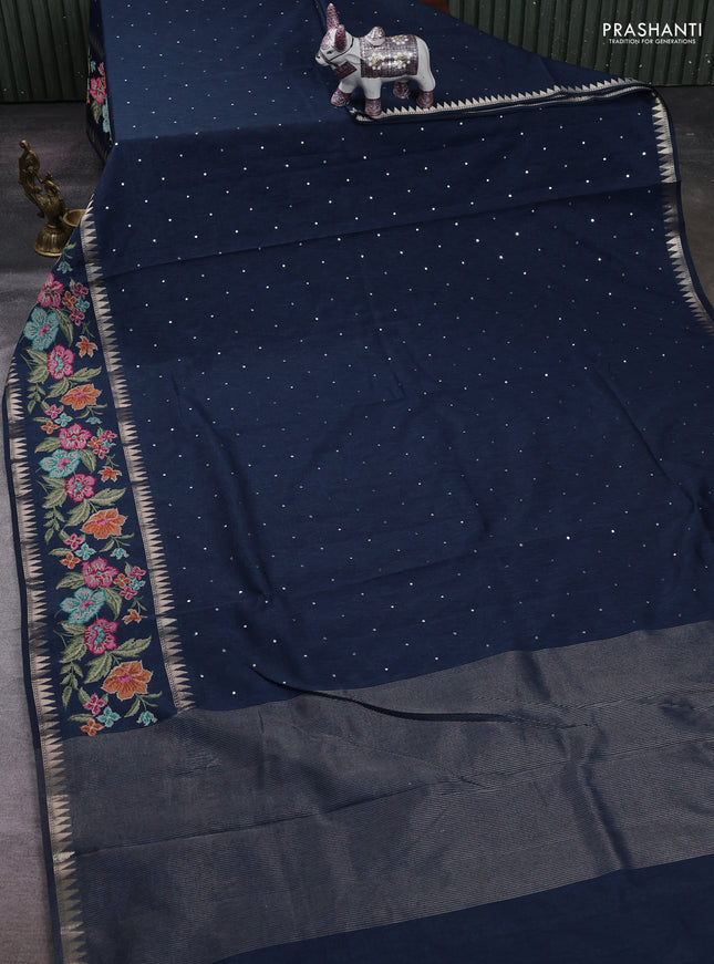 Peacock Blue Semi Tussar Saree - Embroidery