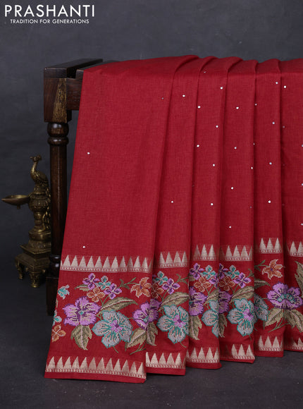 Red Semi Tussar Saree - Embroidery