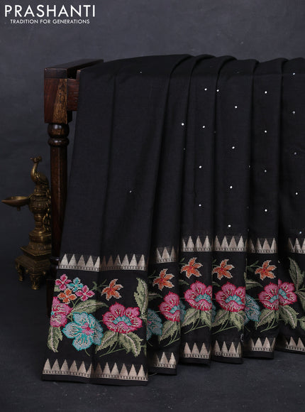 Black Semi Tussar Saree - Embroidery