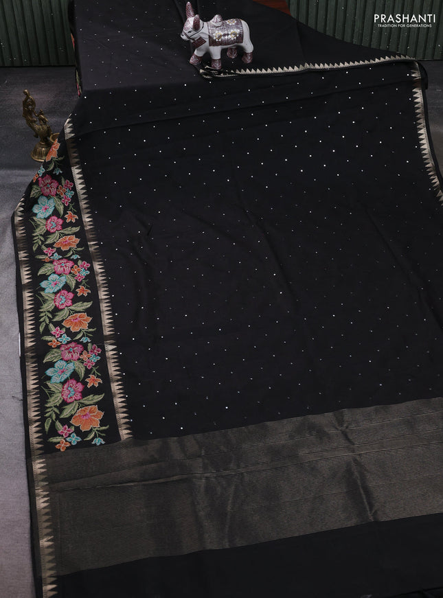Black Semi Tussar Saree - Embroidery