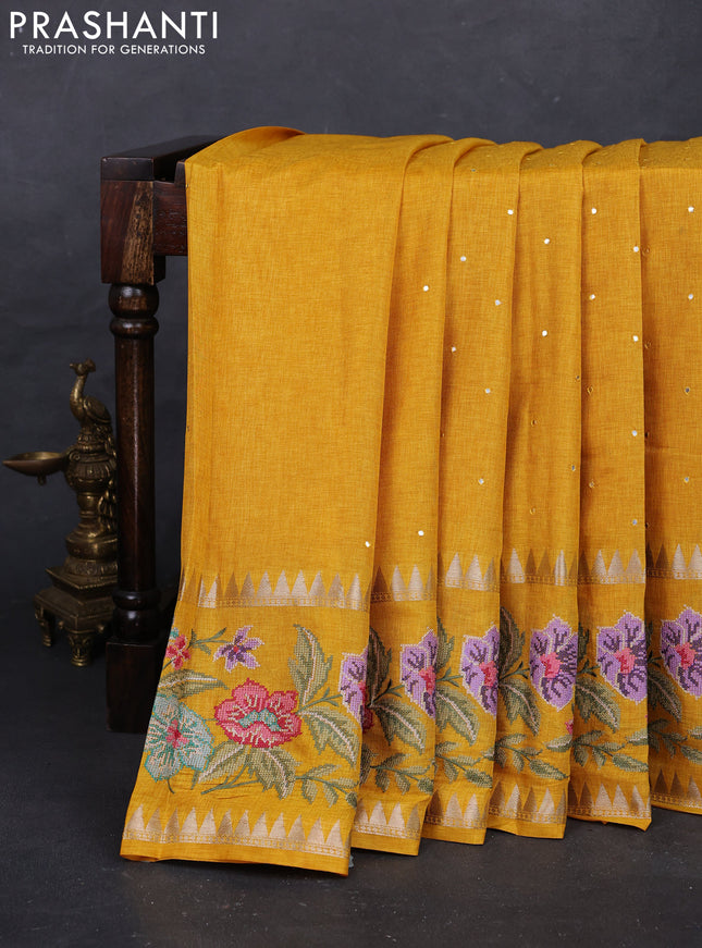 Yellow Semi Tussar Saree - Embroidery