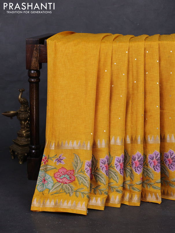 Yellow Semi Tussar Saree - Embroidery