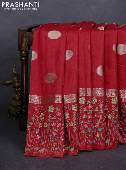 Red Semi Tussar Saree - Embroidery