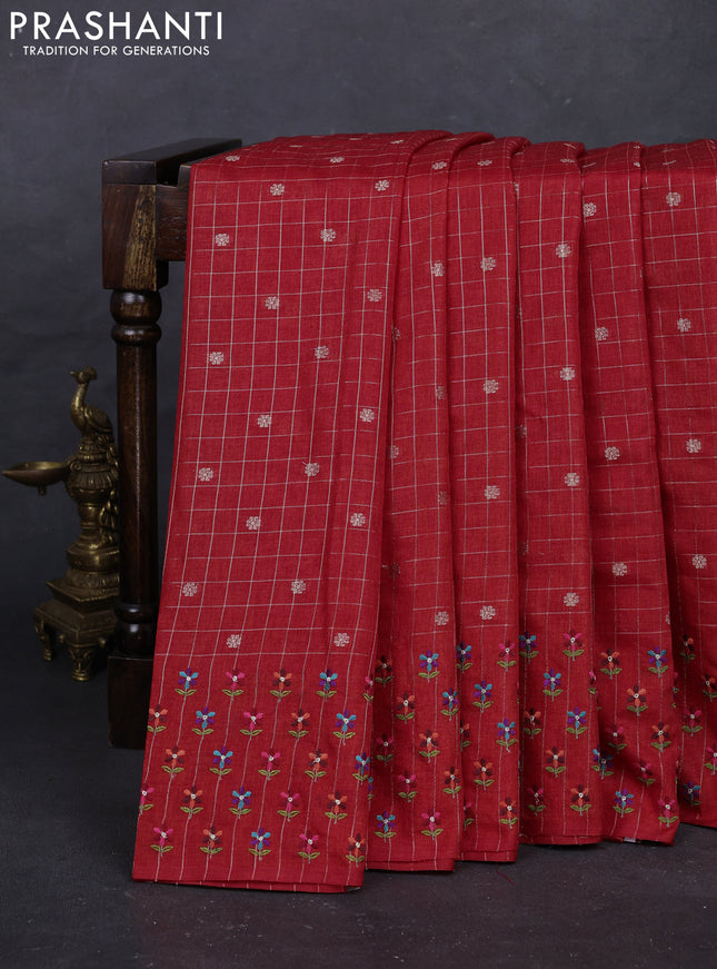 Red Semi Tussar Saree - Embroidery