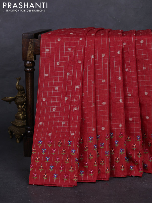 Red Semi Tussar Saree - Embroidery