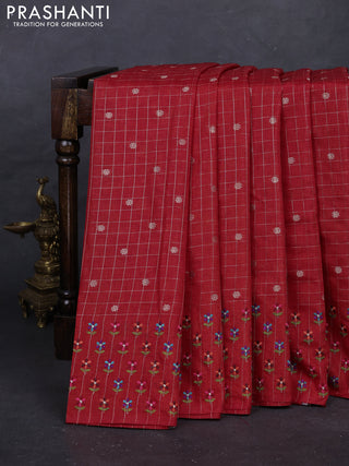 Red Semi Tussar Saree - Embroidery