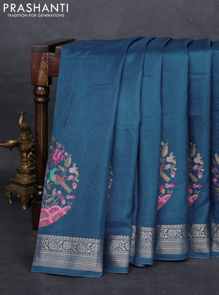 Blue Semi Tussar Saree - Embroidery