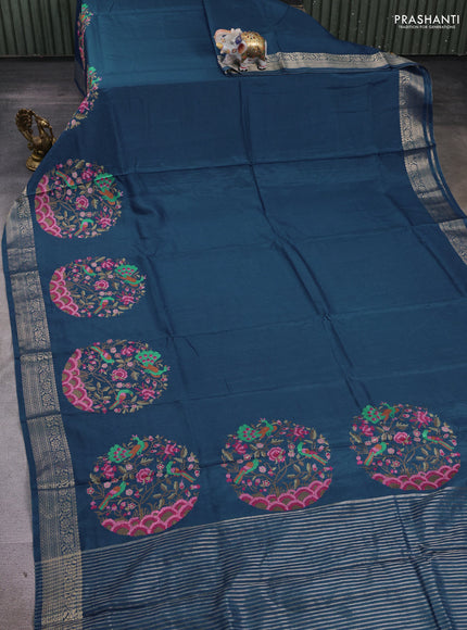 Blue Semi Tussar Saree - Embroidery