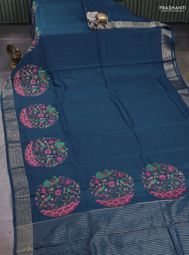Blue Semi Tussar Saree - Embroidery