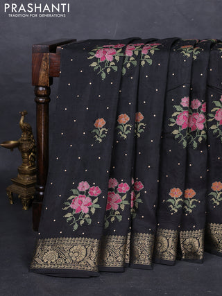 Black Semi Tussar Saree - Embroidery