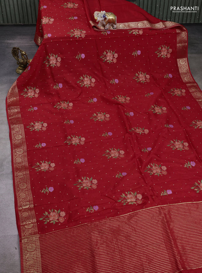 Red Semi Tussar Saree - Embroidery