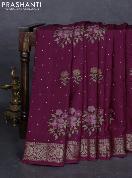 Wine  Semi Tussar Saree - Embroidery