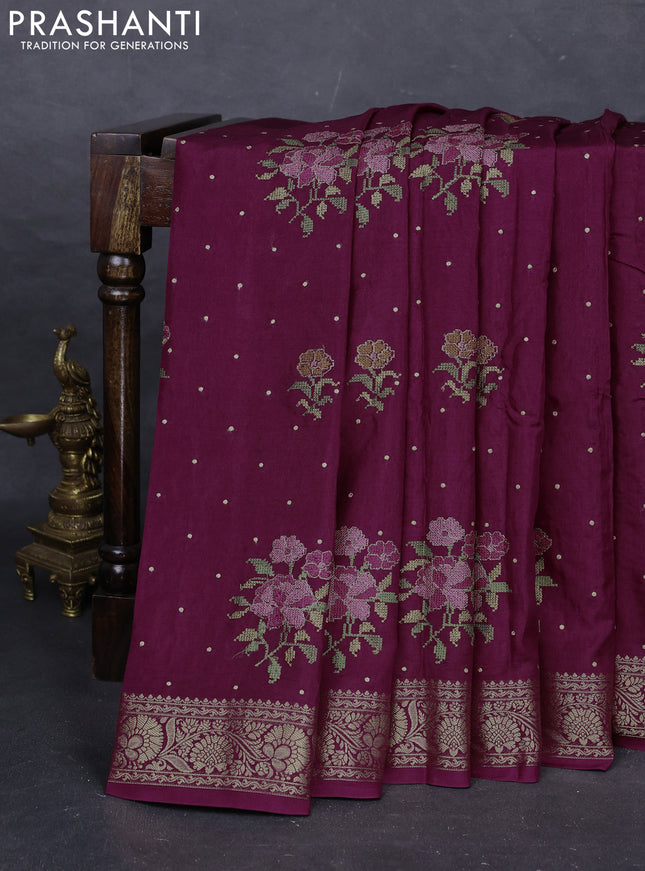 Wine  Semi Tussar Saree - Embroidery