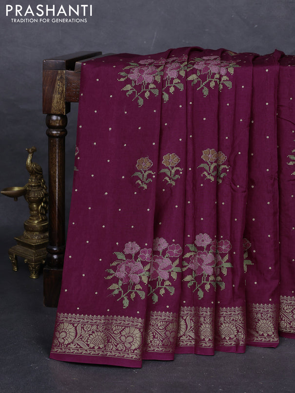 Wine  Semi Tussar Saree - Embroidery
