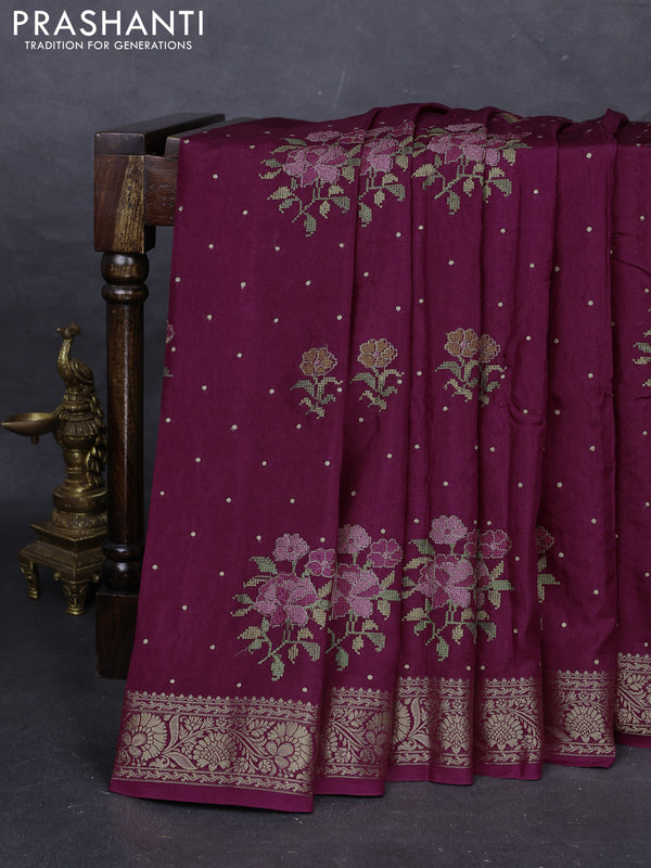 Wine  Semi Tussar Saree - Embroidery