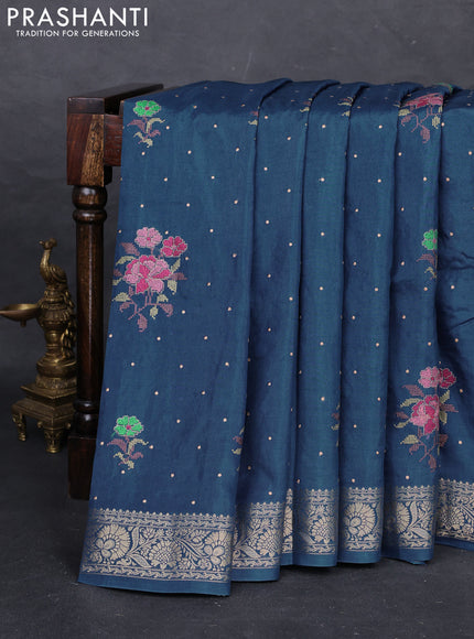 Peacock Blue Semi Tussar Saree - Embroidery