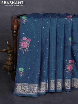 Peacock Blue Semi Tussar Saree - Embroidery
