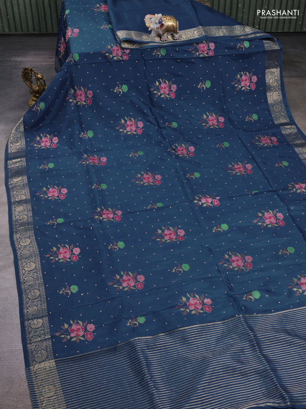 Peacock Blue Semi Tussar Saree - Embroidery