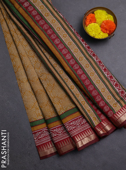 Mustard Yellow & Maroon Semi Maheshwari Cotton Saree