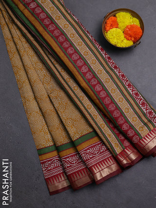 Mustard Yellow & Maroon Semi Maheshwari Cotton Saree