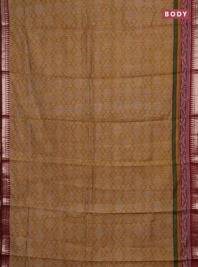 Mustard Yellow & Maroon Semi Maheshwari Cotton Saree