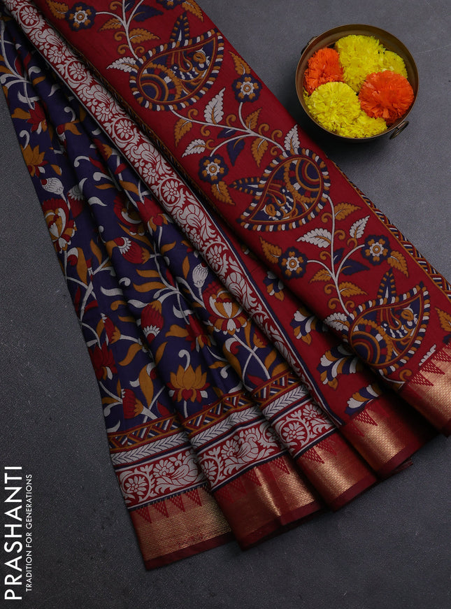 Navy Blue & Maroon Semi Maheshwari Cotton Saree