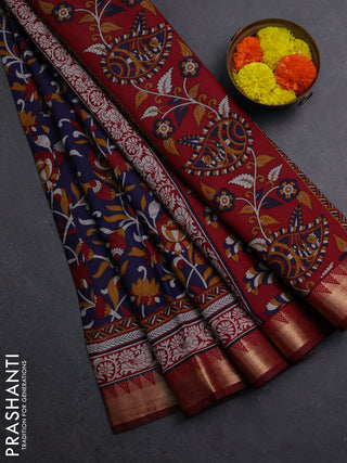 Navy Blue & Maroon Semi Maheshwari Cotton Saree
