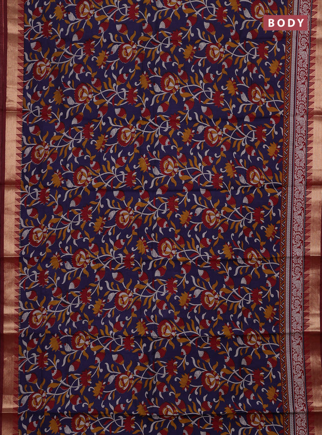 Navy Blue & Maroon Semi Maheshwari Cotton Saree