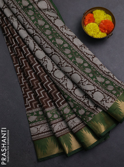 Brown & Green Semi Maheshwari Cotton Saree