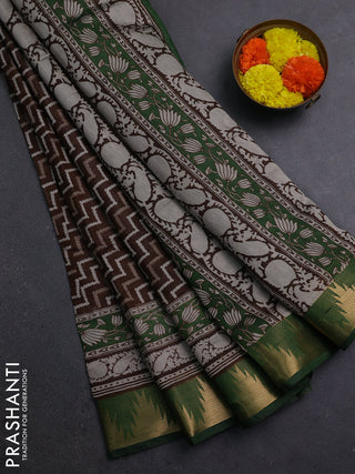 Brown & Green Semi Maheshwari Cotton Saree