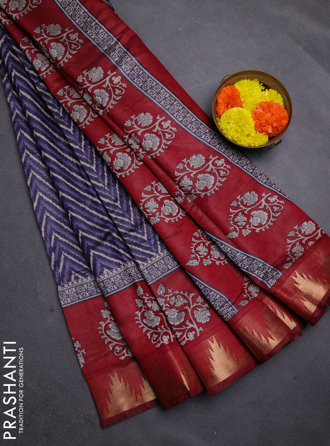 Blue & Maroon Semi Maheshwari Cotton Saree
