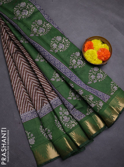 Brown & Green Semi Maheshwari Cotton Saree