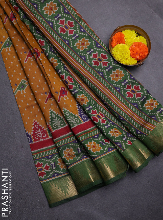 Mustard Yellow & Green Semi Maheshwari Cotton Saree